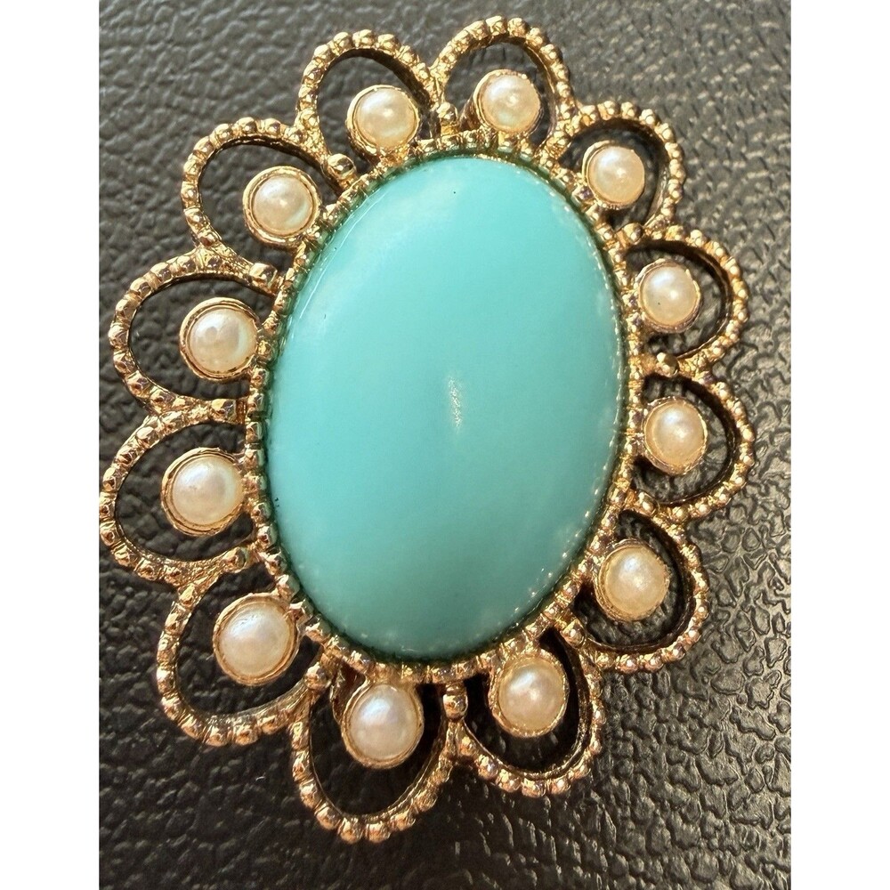 Vintage 1973 Sarah Coventry Magic Moods Brooch Faux Turquoise Pearl Gold Tone